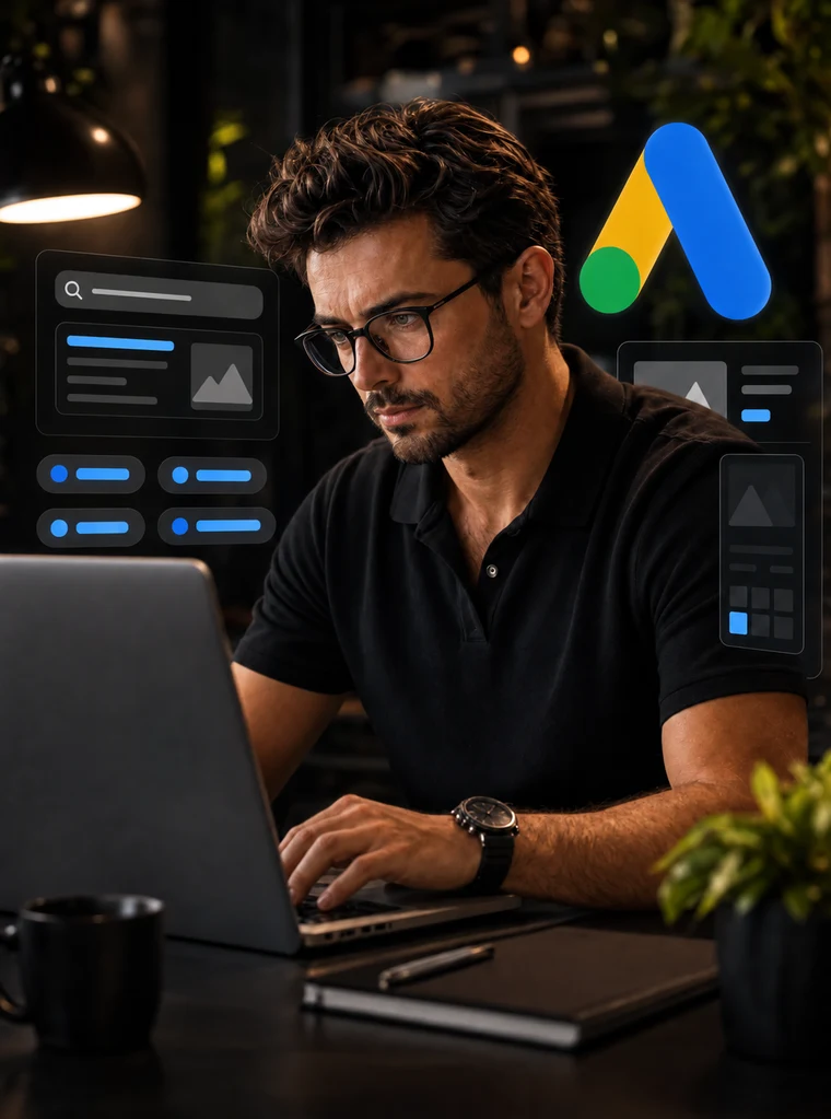 Illustrative fictional Google Ads specialist with platform graphics.